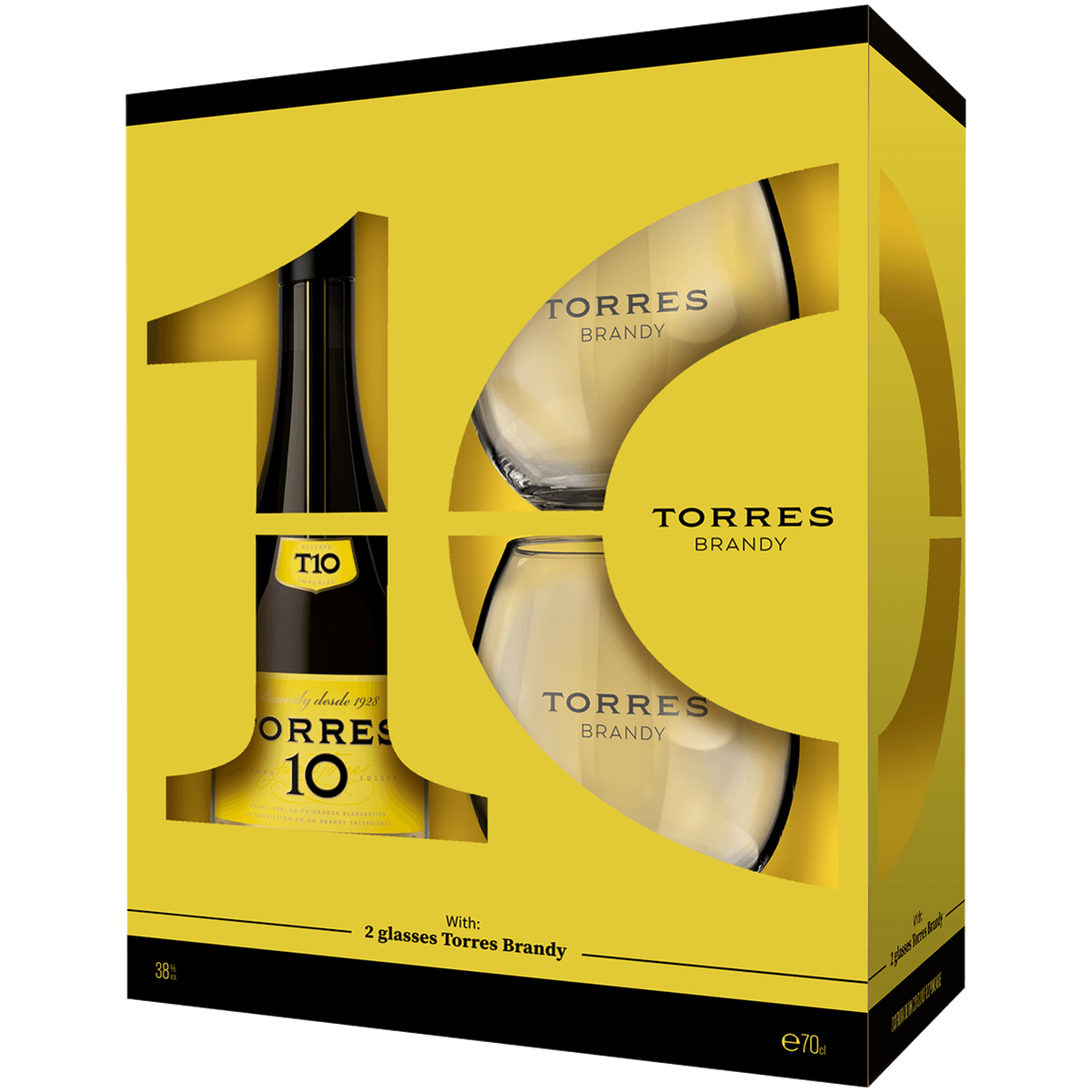 Бренди Torres 10 Gran Reserva 10 лет 0,7 л в подарочной упаковке + 2 стакана